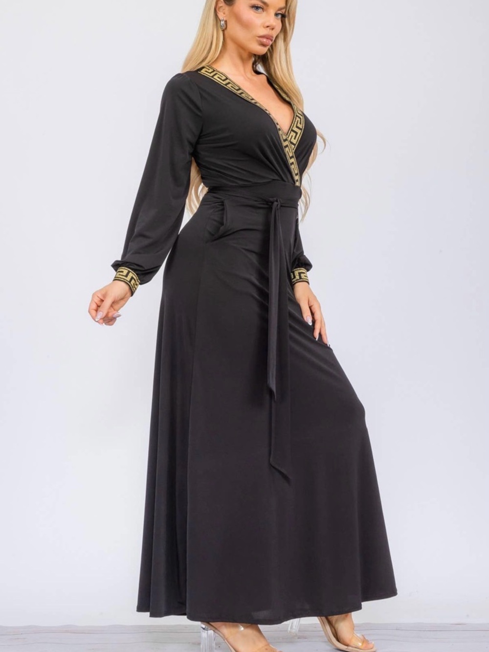 Black Long Sleeve Wrap Maxi Dress with Gold Trim